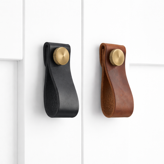Small Leather Cabinet Drop Pulls with Brass Studs