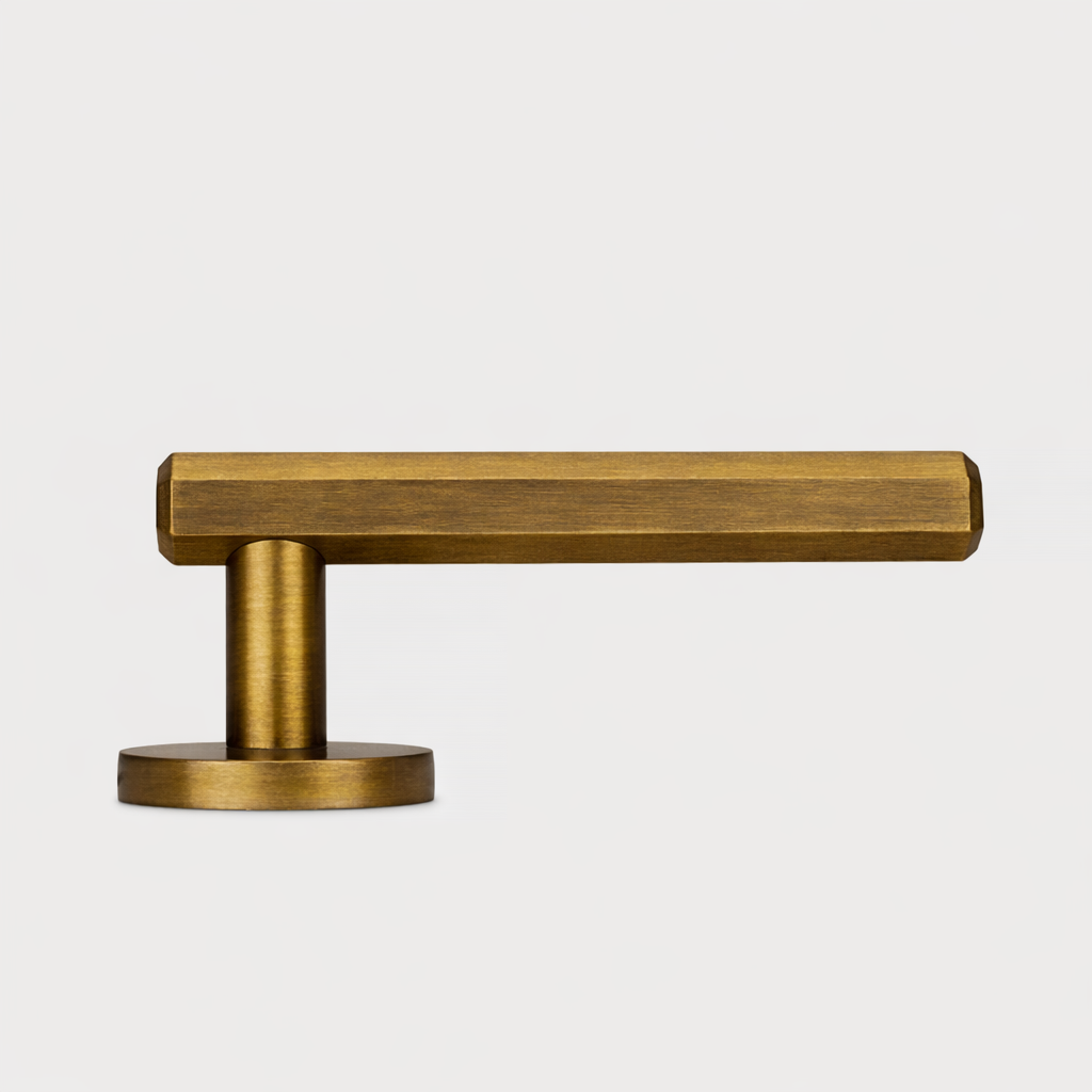 Brass Hexagonal Lever Door Handle in Antique