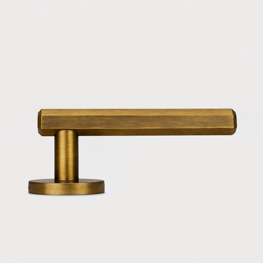 Brass Hexagonal Lever Door Handle in Antique