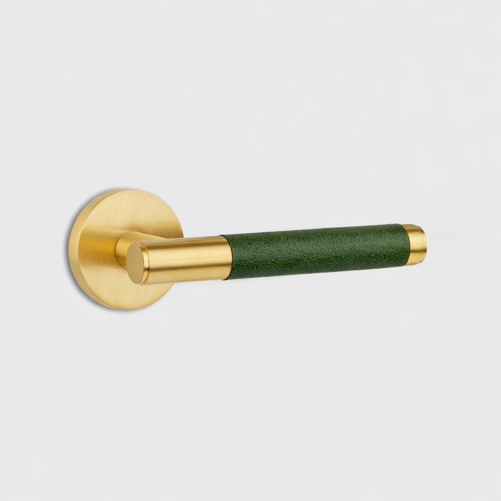 Gold Brass Door Lever Handle with Leather in Green