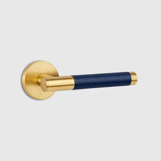 Gold Brass Door Lever Handle with Leather in Blue