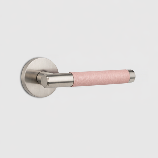 Silver Brass Door Lever Handle with Leather in Pink