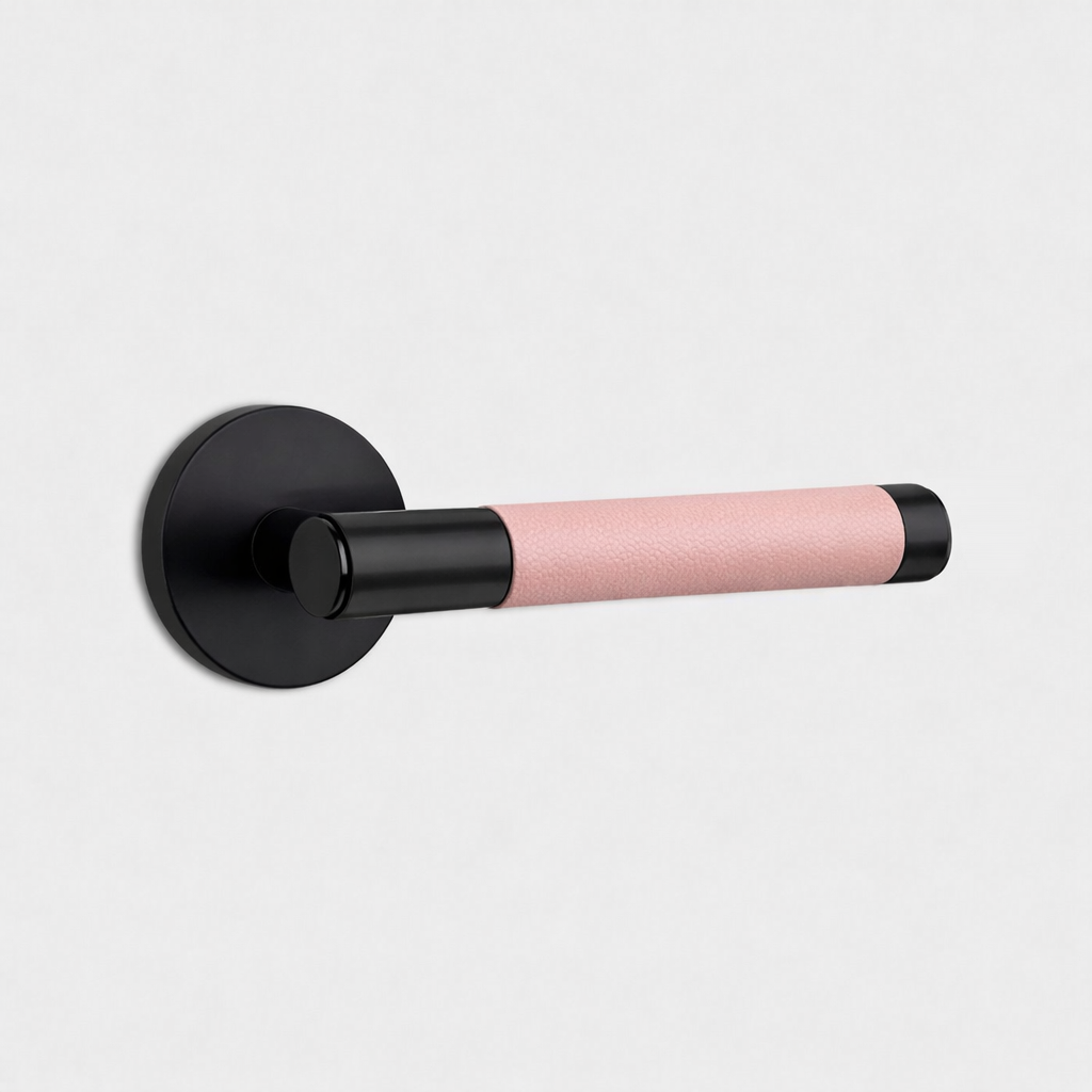 Black Brass Door Lever Handle with Leather in Pink
