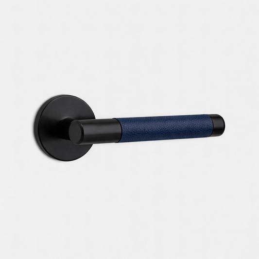 Black Brass Door Lever Handle with Leather in Blue