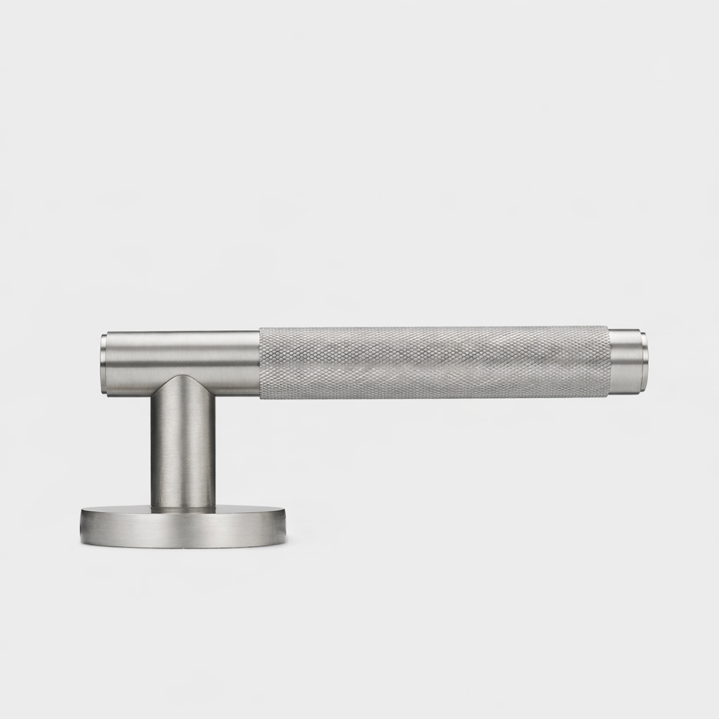 Brass Knurled Lever Door Handle in Silver