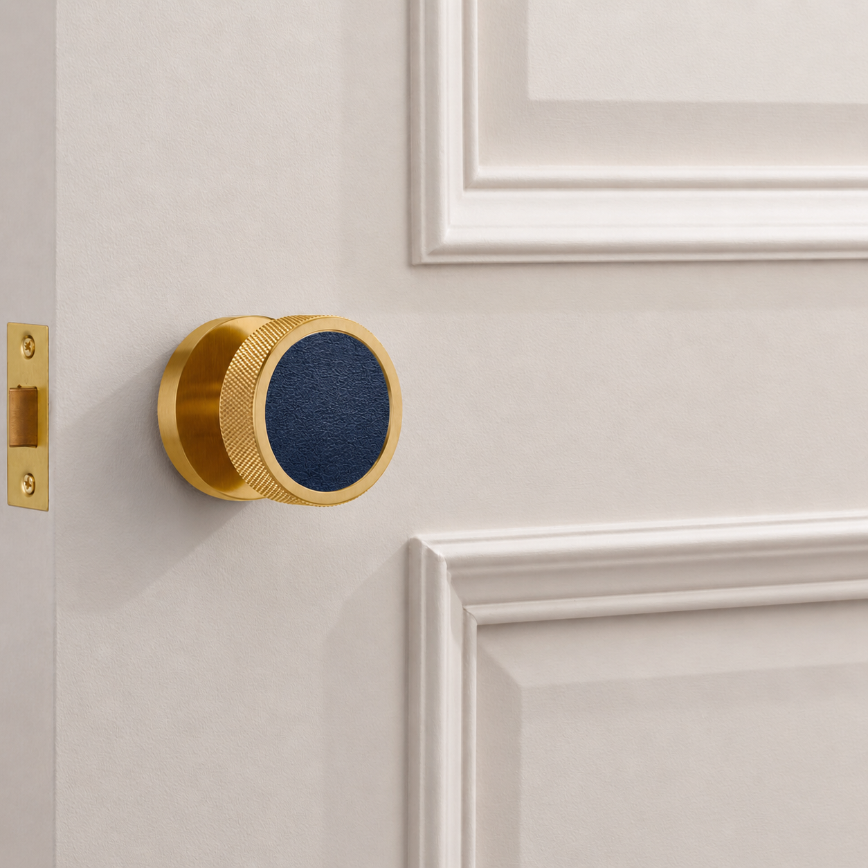 Brass & Leather Mortice Door Knobs in Gold