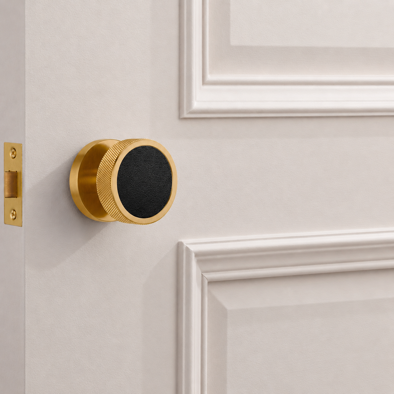 Brass & Leather Mortice Door Knobs in Gold