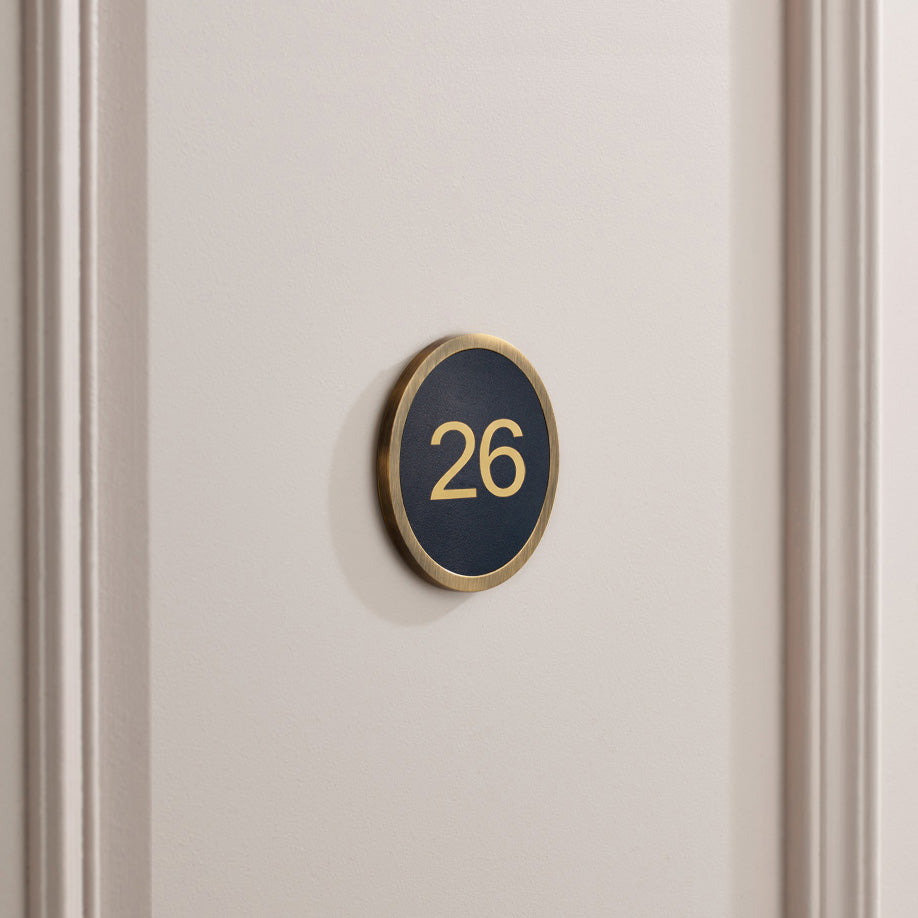 Brass & Leather Number Door Plaque in Antique Gold