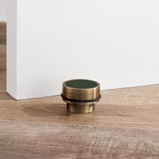 Brass & Green Leather Mounted Door Stops in Antique
