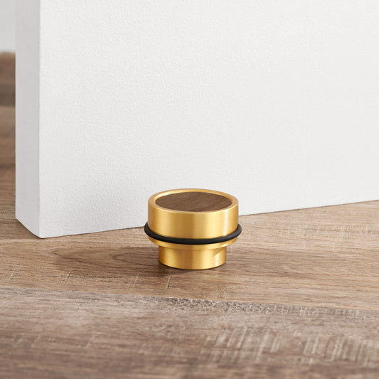Brass & Walnut Wood Floor Mounted Door Stops in Gold