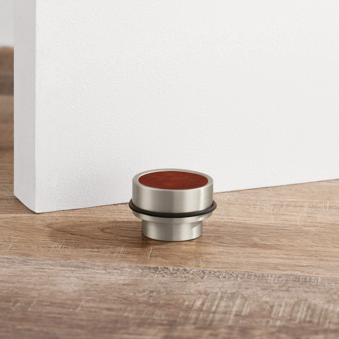 Brass & Brown Leather Mounted Door Stops in Silver