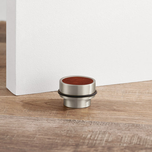 Brass & Brown Leather Mounted Door Stops in Silver