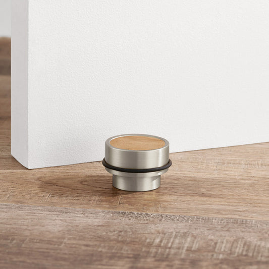 Brass & Maple Wood Floor Mounted Door Stops in Silver