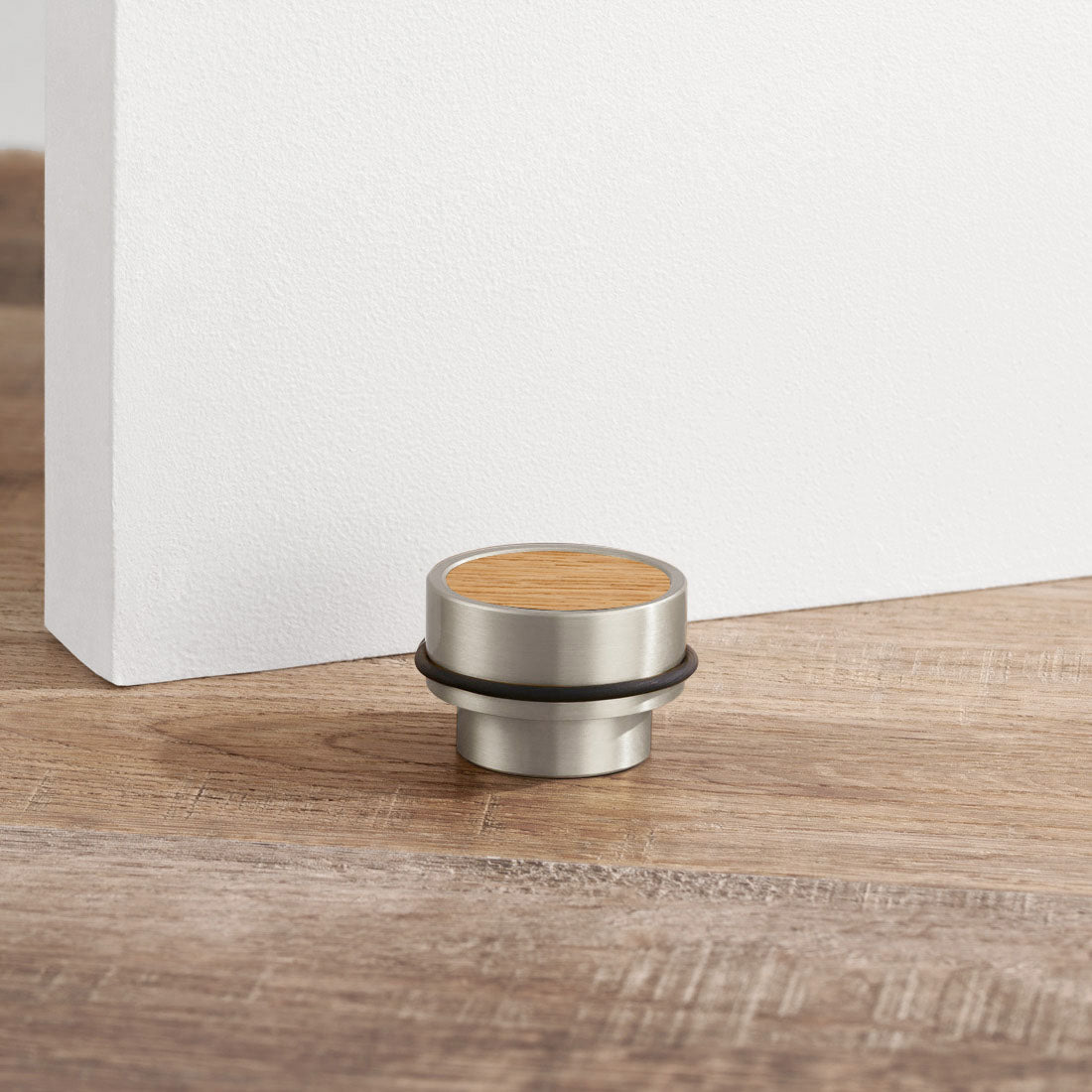 Brass & Oak Wood Floor Mounted Door Stops in Silver