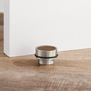 Brass & Walnut Wood Floor Mounted Door Stops in Silver