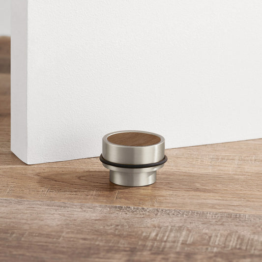 Brass & Walnut Wood Floor Mounted Door Stops in Silver