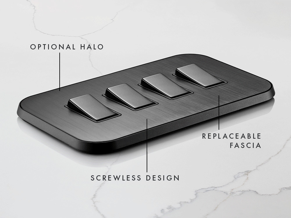 switches highlighting screwless design, replaceable fascia and optional halo