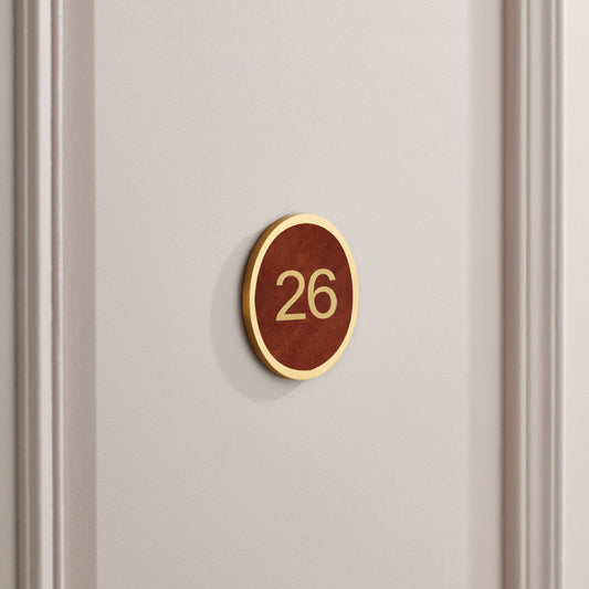 Brass & Leather Number Door Plaque in Gold