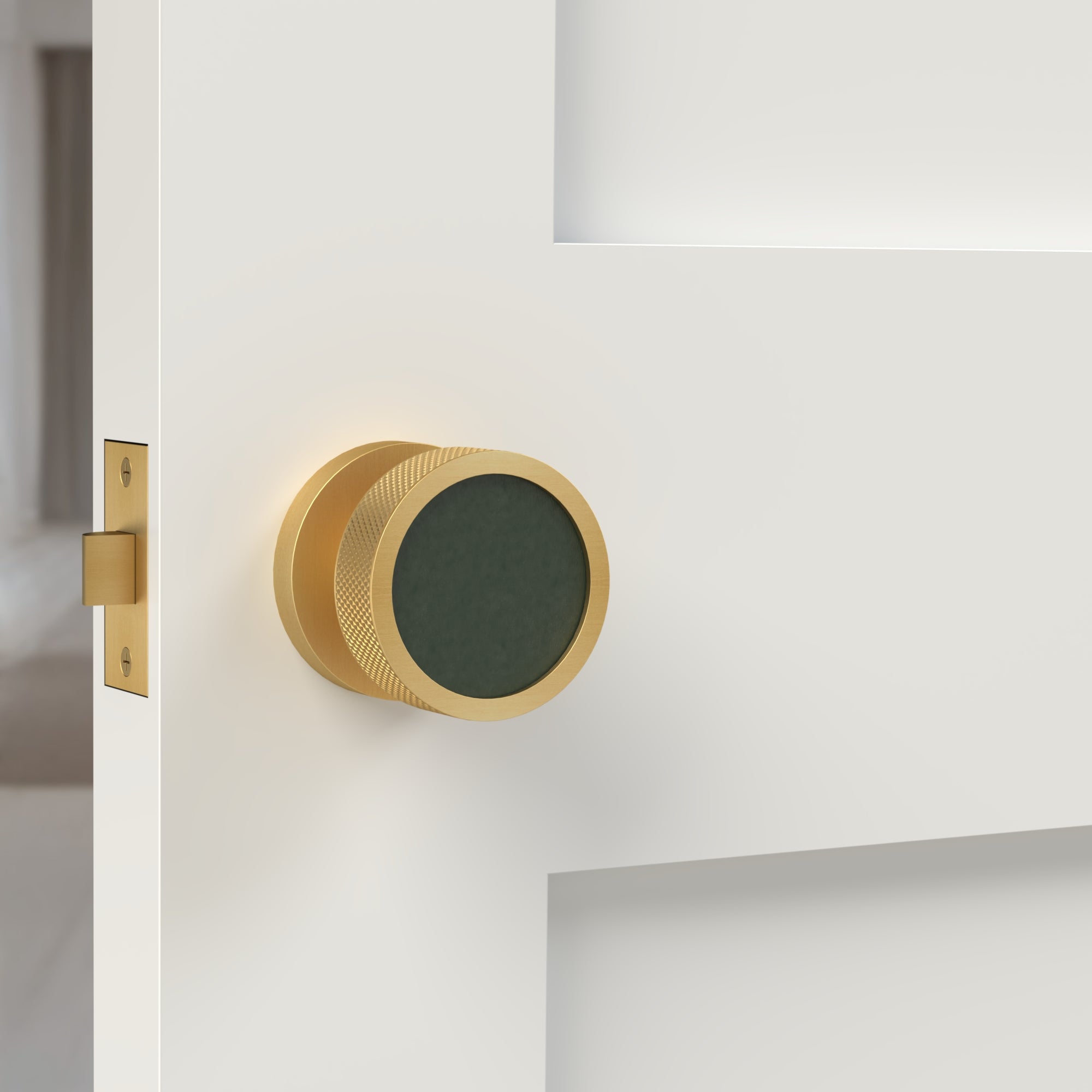 Brass & Green Leather Round Mortice Knurled Door Knobs in Gold