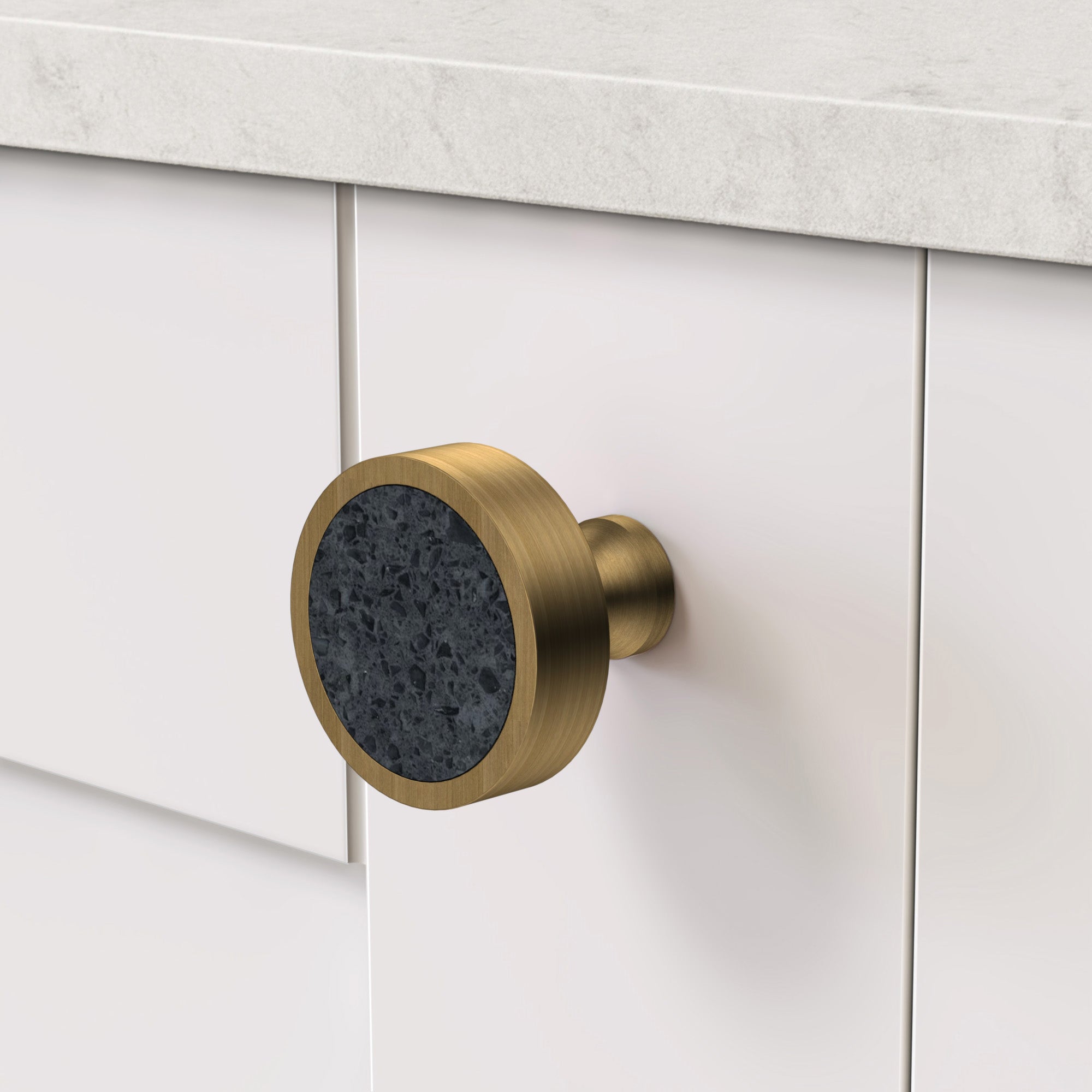 Brass & Black Terrazzo Round Door Knobs in Antique