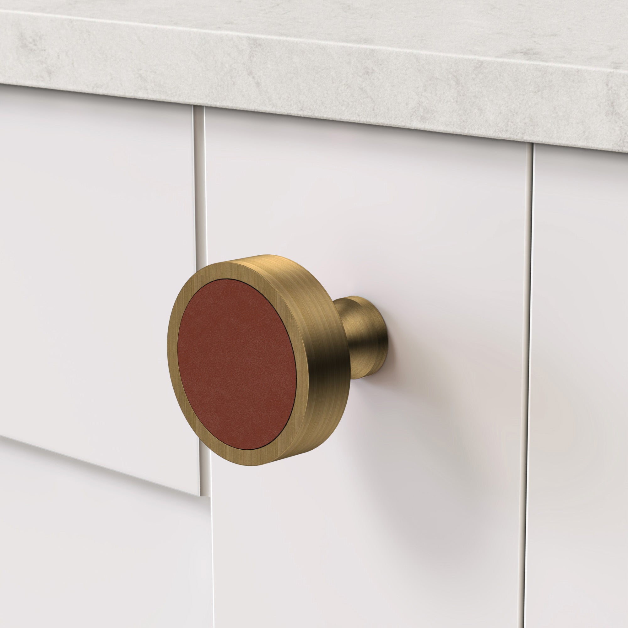 Brass & Brown Leather Round Door Knobs in Antique