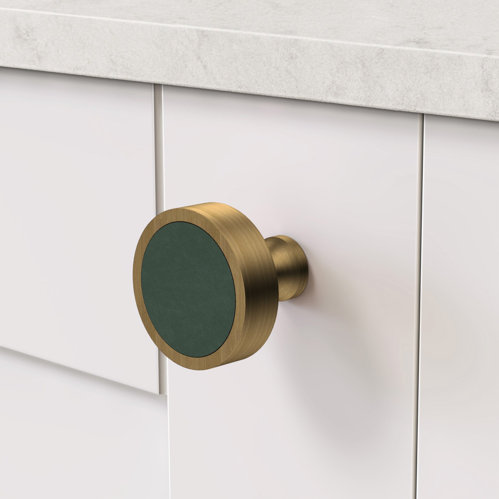 Brass & Green Leather Round Door Knobs in Antique