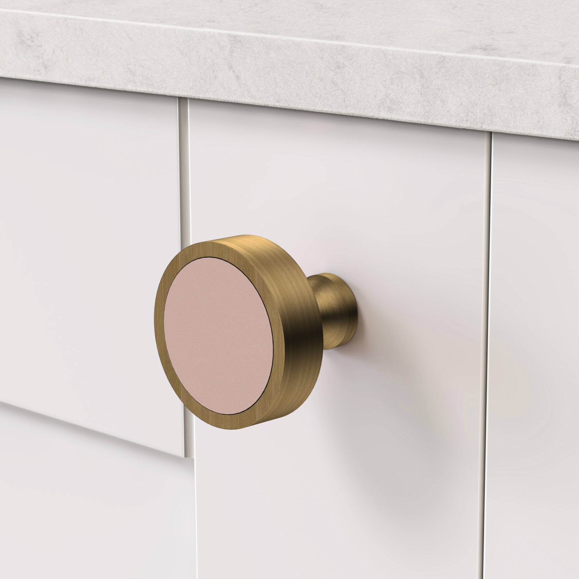 Brass & Pink Leather Round Door Knobs in Antique