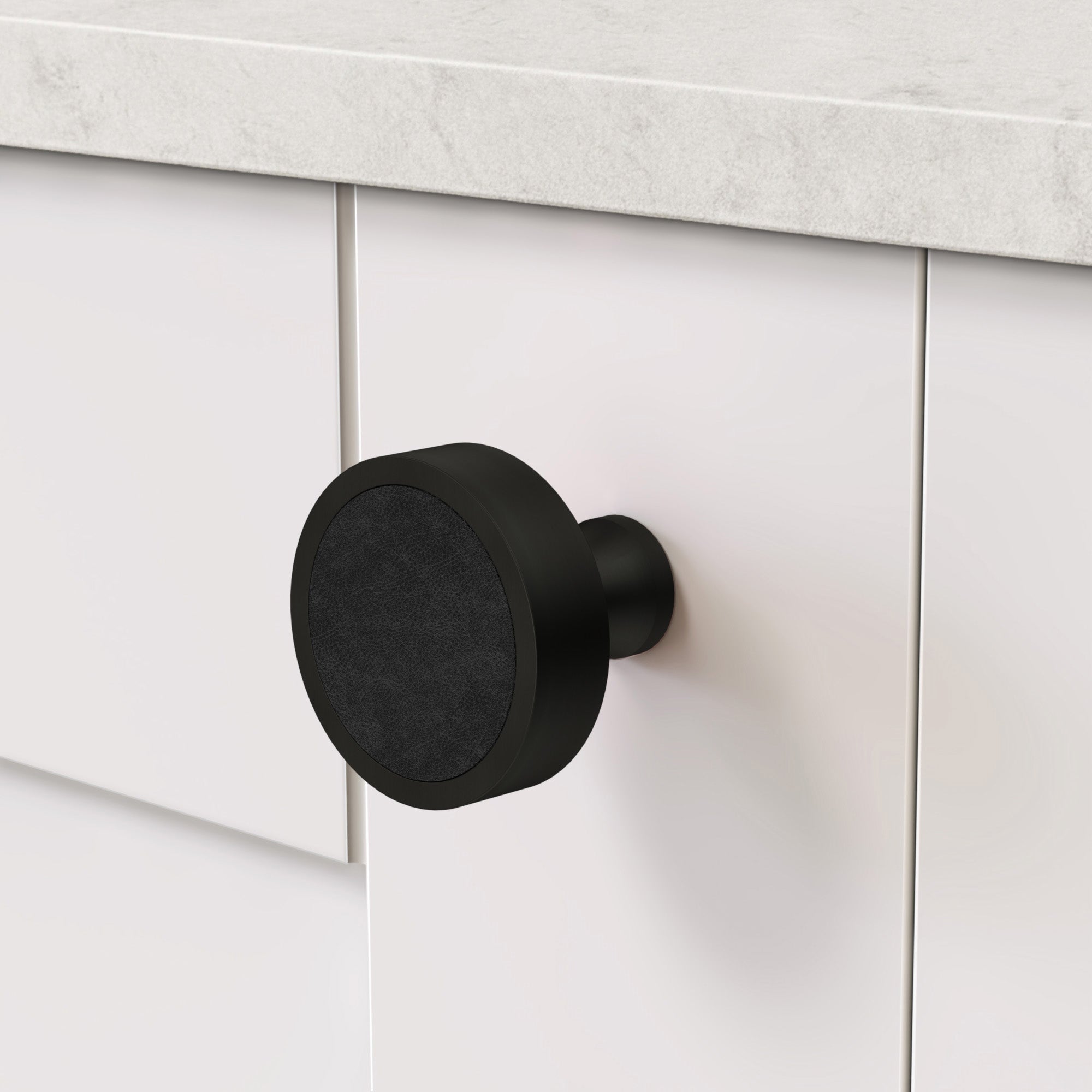 Brass & Black Leather Round Door Knobs in Black