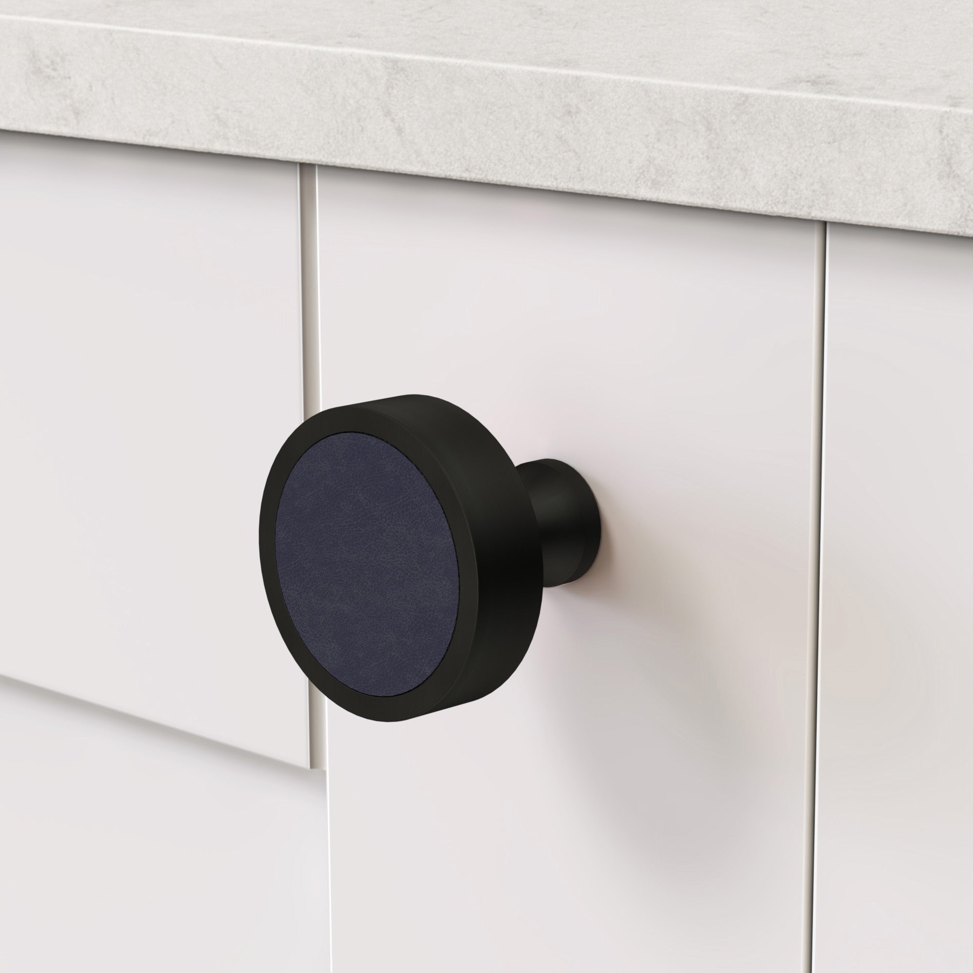 Brass & Blue Leather Round Door Knobs in Black