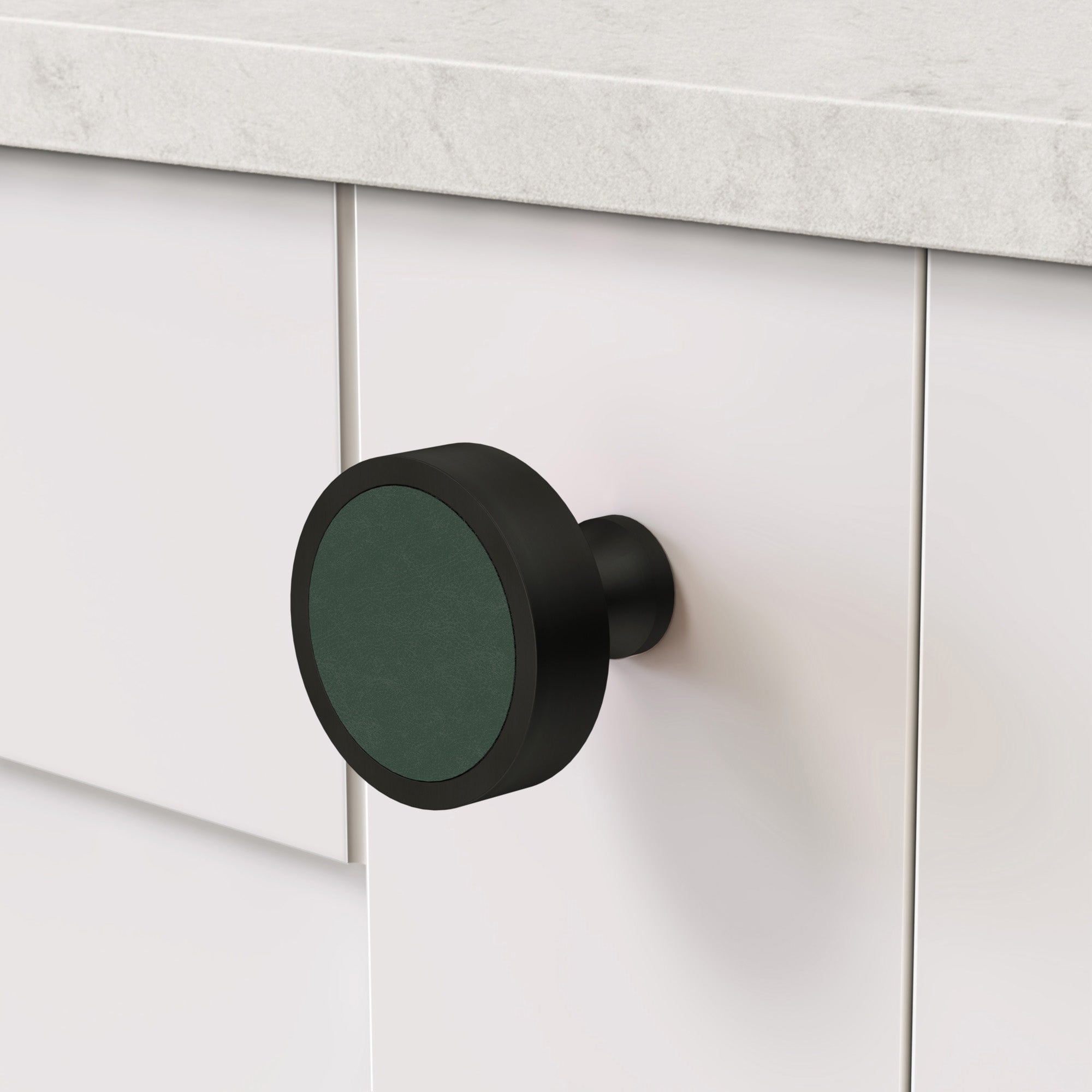 Brass & Green Leather Round Door Knobs in Black