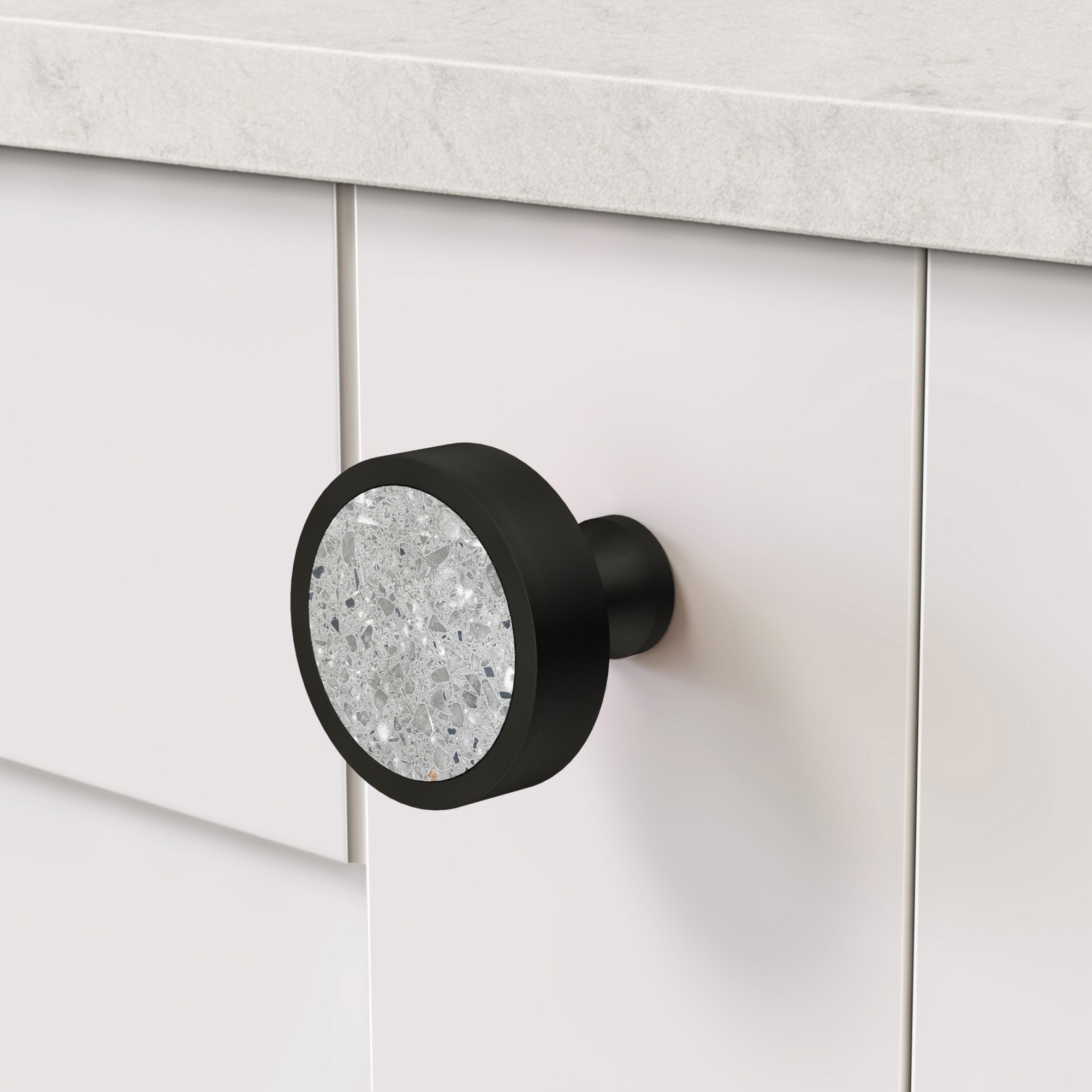 Brass & Grey Terrazzo Round Door Knobs in Black