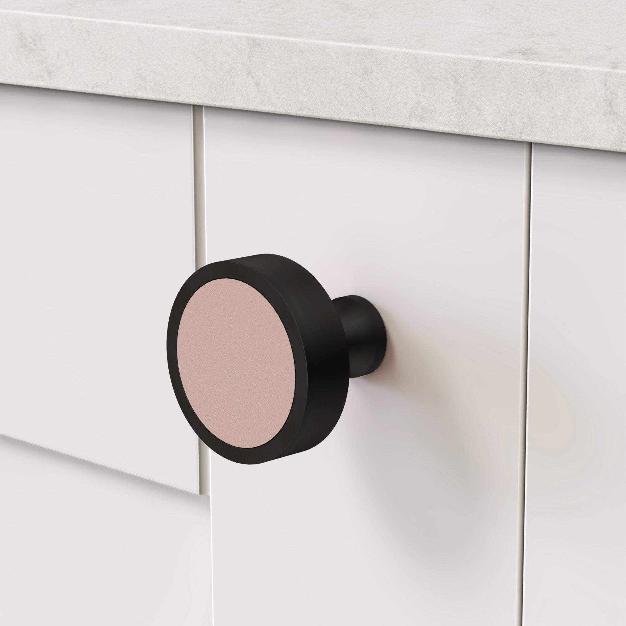 Brass & Pink Leather Round Door Knobs in Black