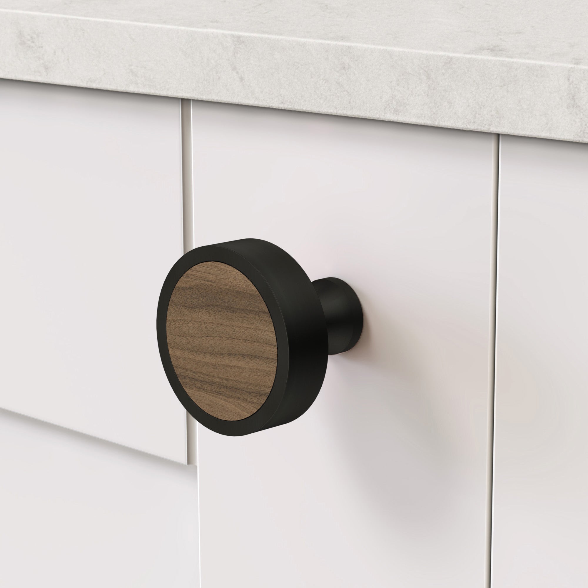 Brass & Walnut Wood Round Door Knobs in Black