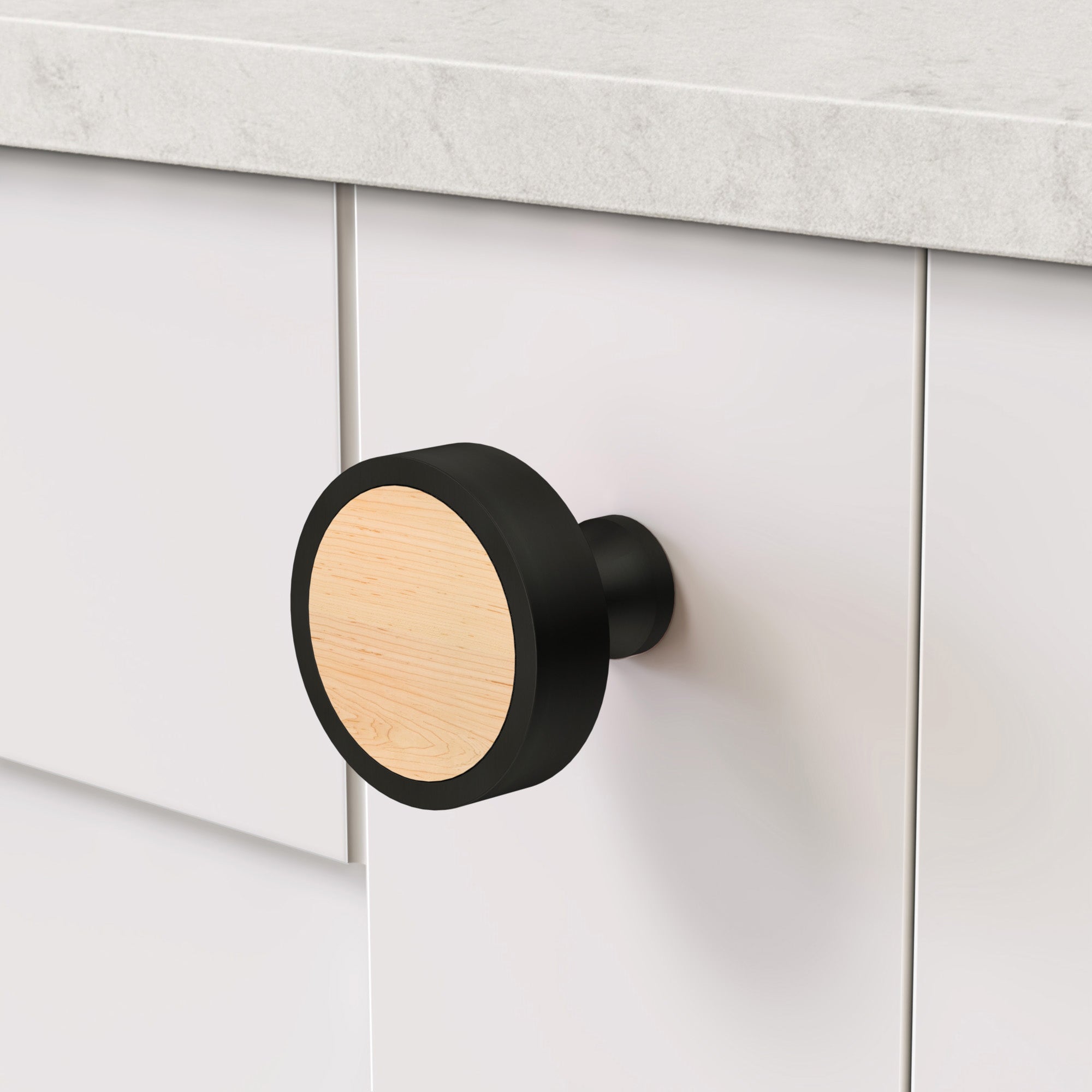 Brass & Maple Wood Round Door Knobs in Black
