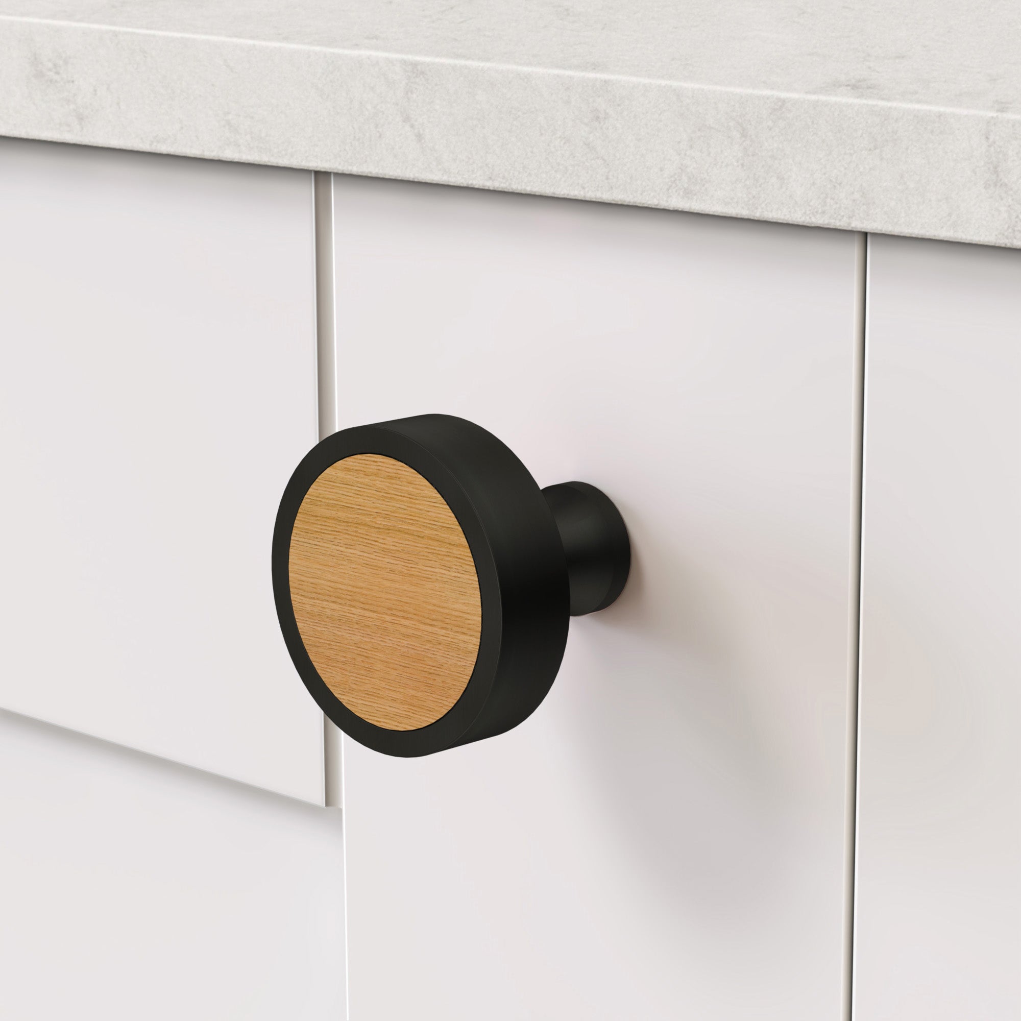 Brass & Oak Wood Round Door Knobs in Black