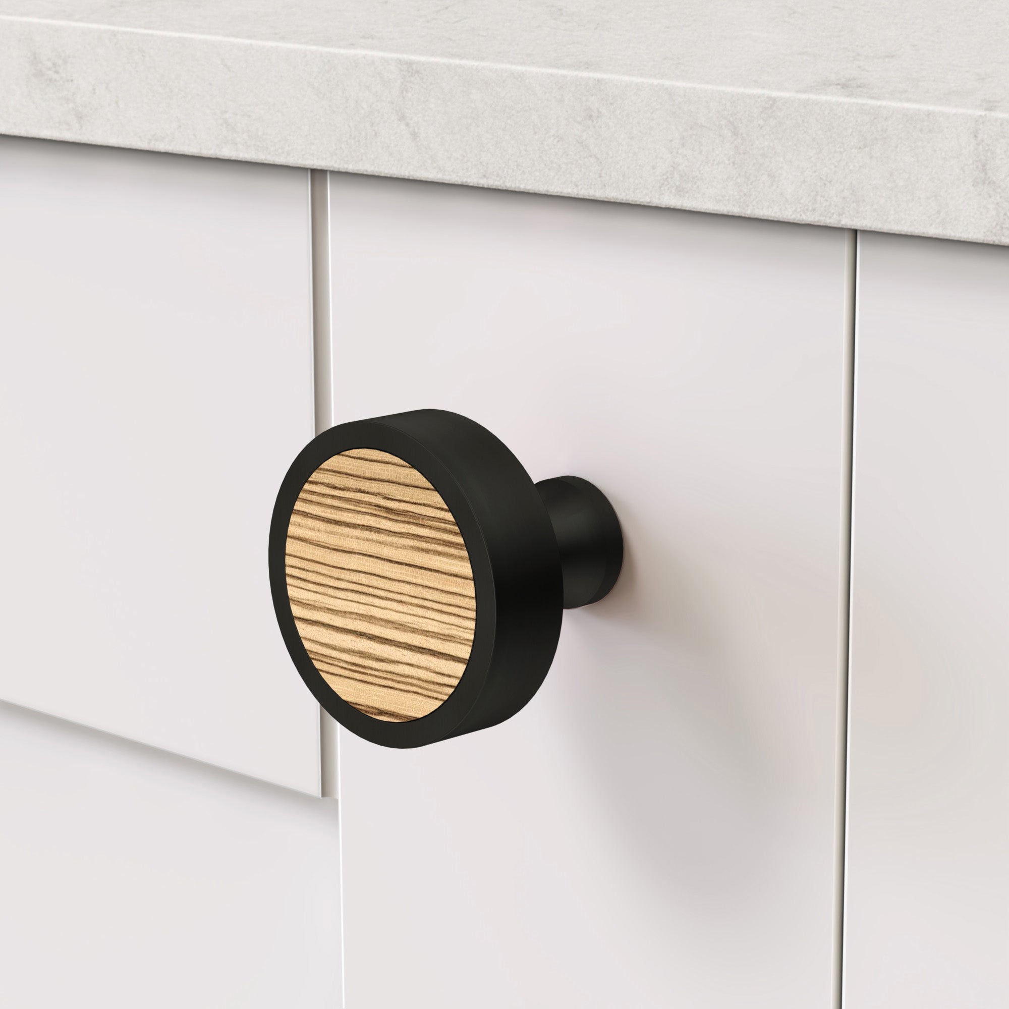 Brass & Zebrano Wood Round Door Knobs in Black