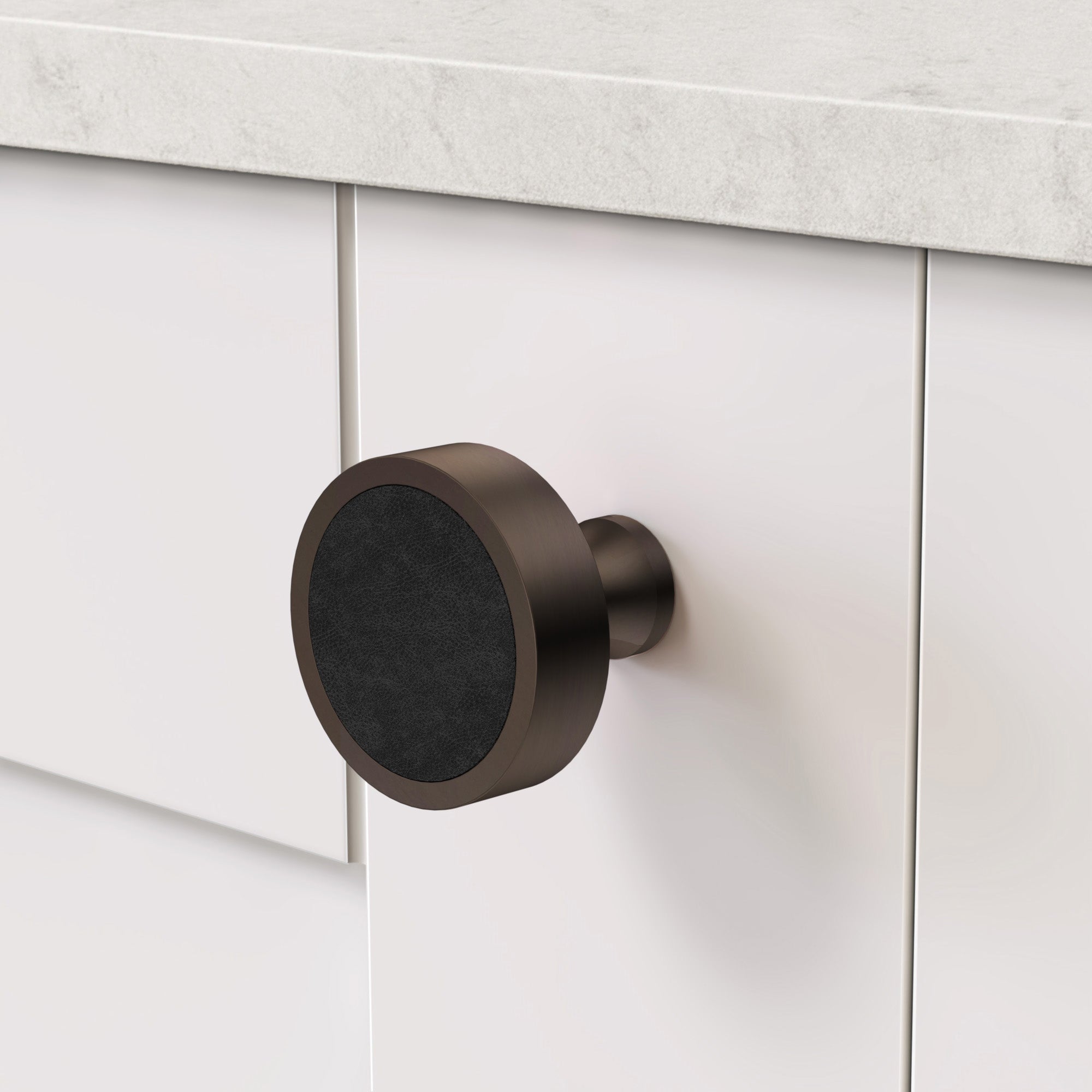 Brass & Black Leather Round Door Knobs in Bronze