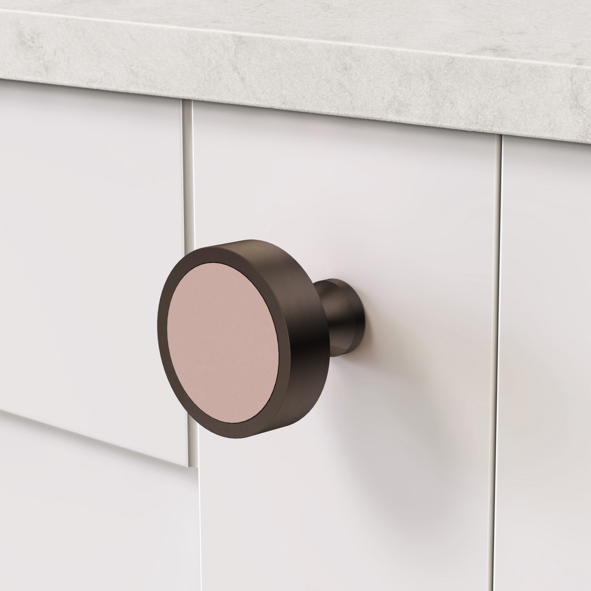 Brass & Pink Leather Round Door Knobs in Bronze