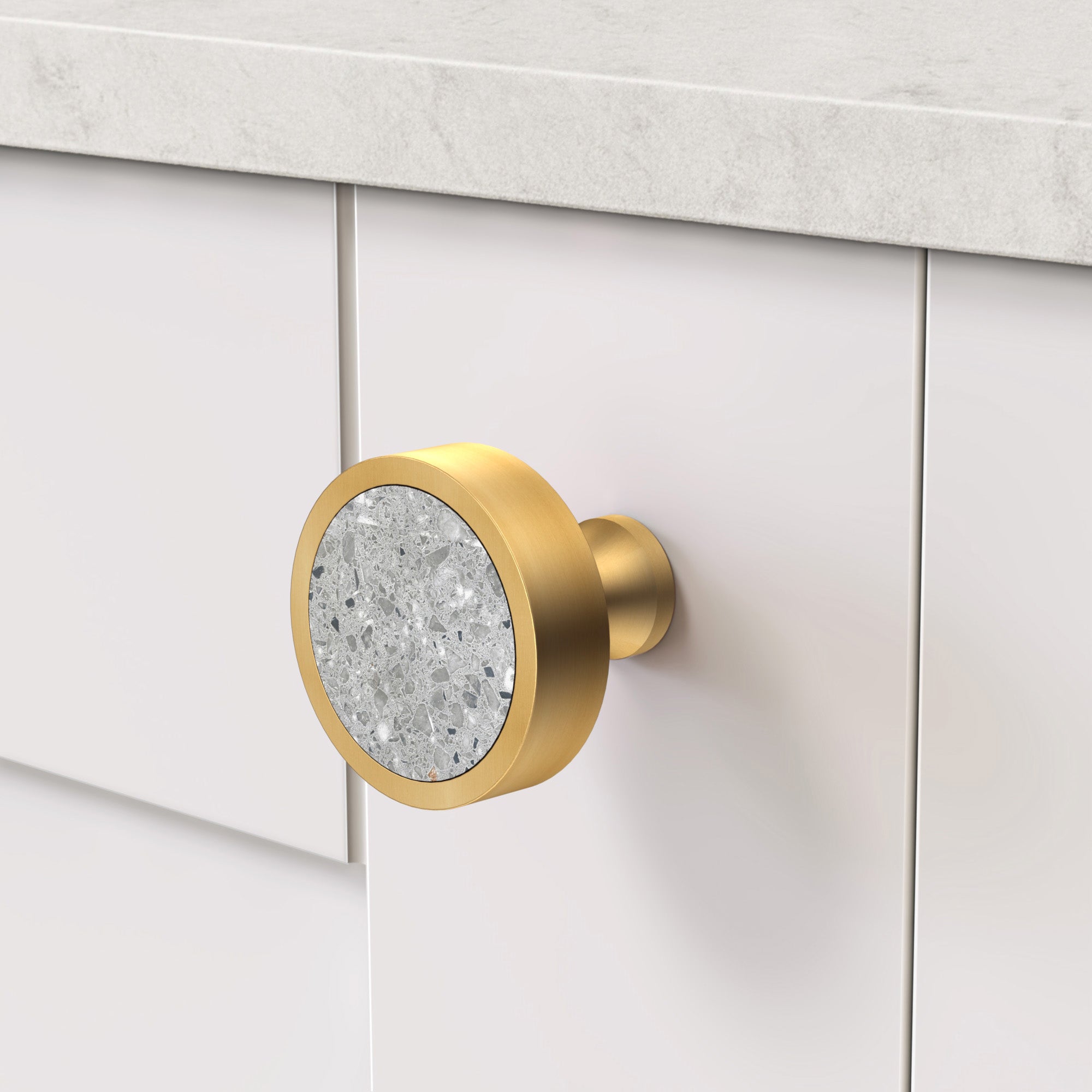 Brass & Grey Terrazzo Round Door Knobs in Gold