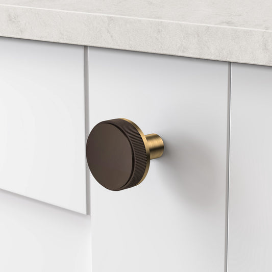 Antique Brass Door Knobs with Linear Top In Bronze