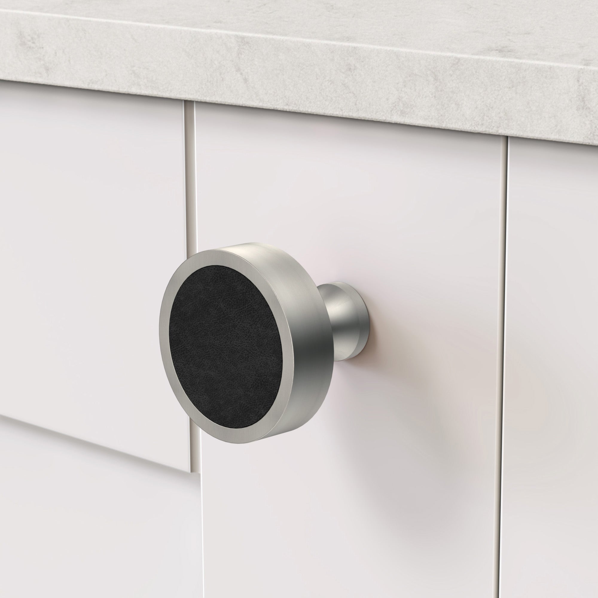 Brass & Black Leather Round Door Knobs in Silver
