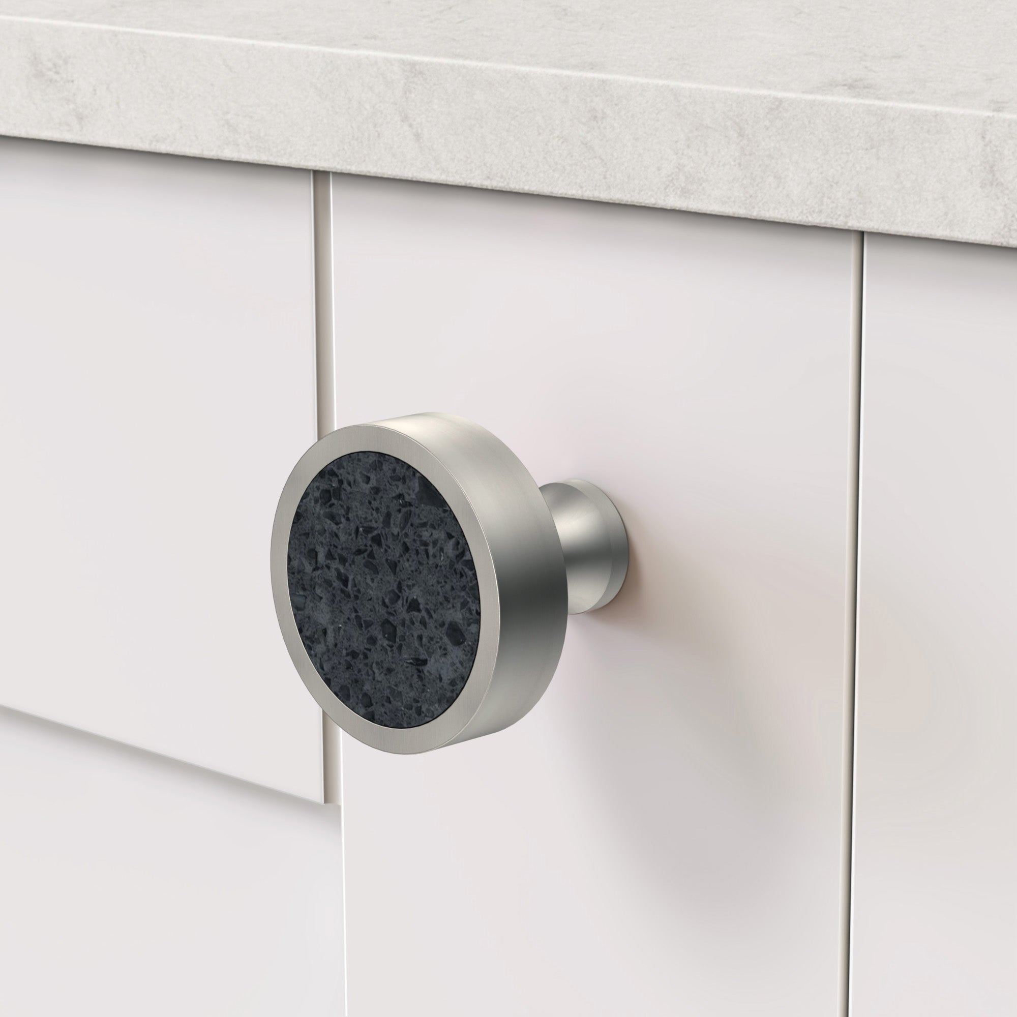 Brass & Black Terrazzo Round Door Knobs in Silver