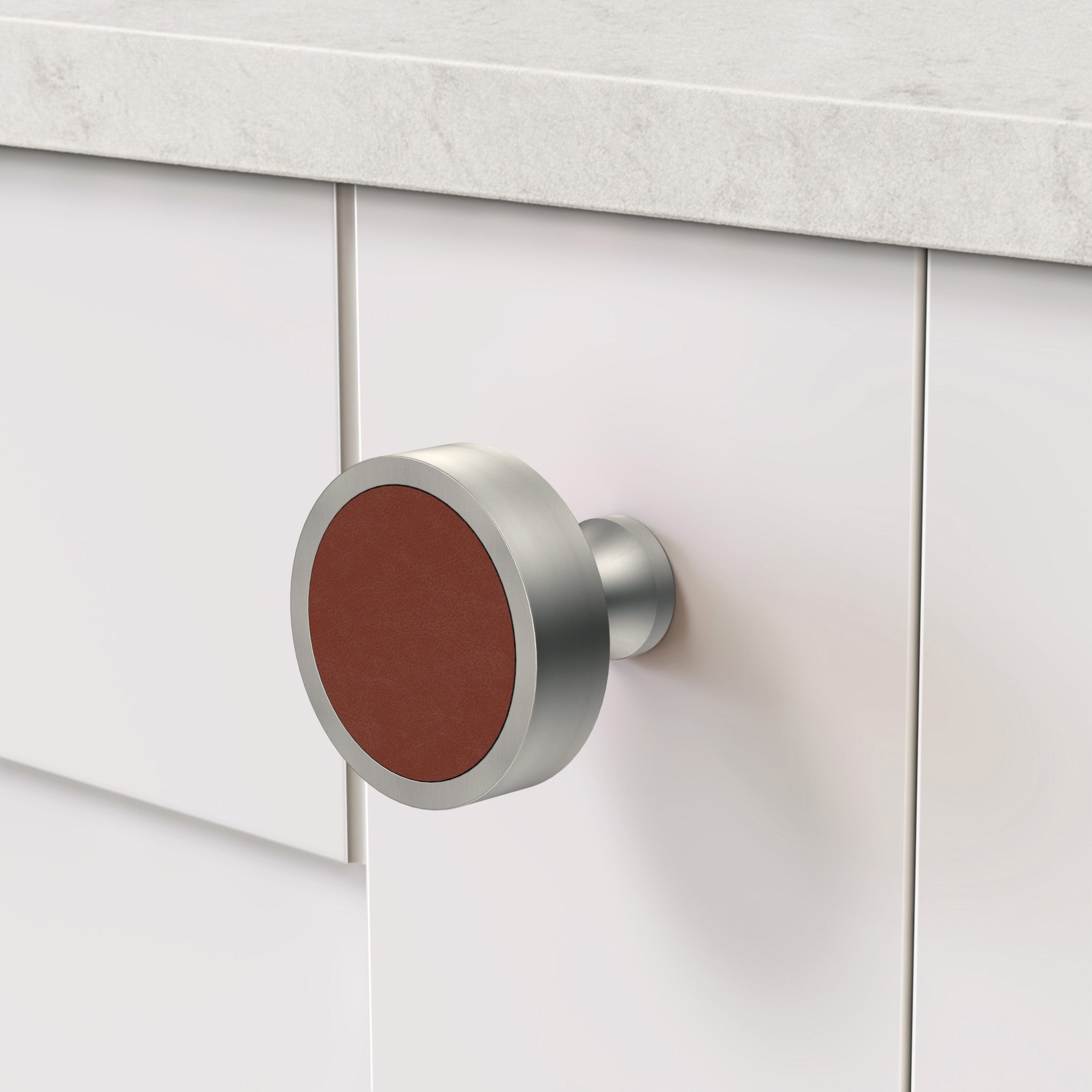 Brass & Brown Leather Round Door Knobs in Silver