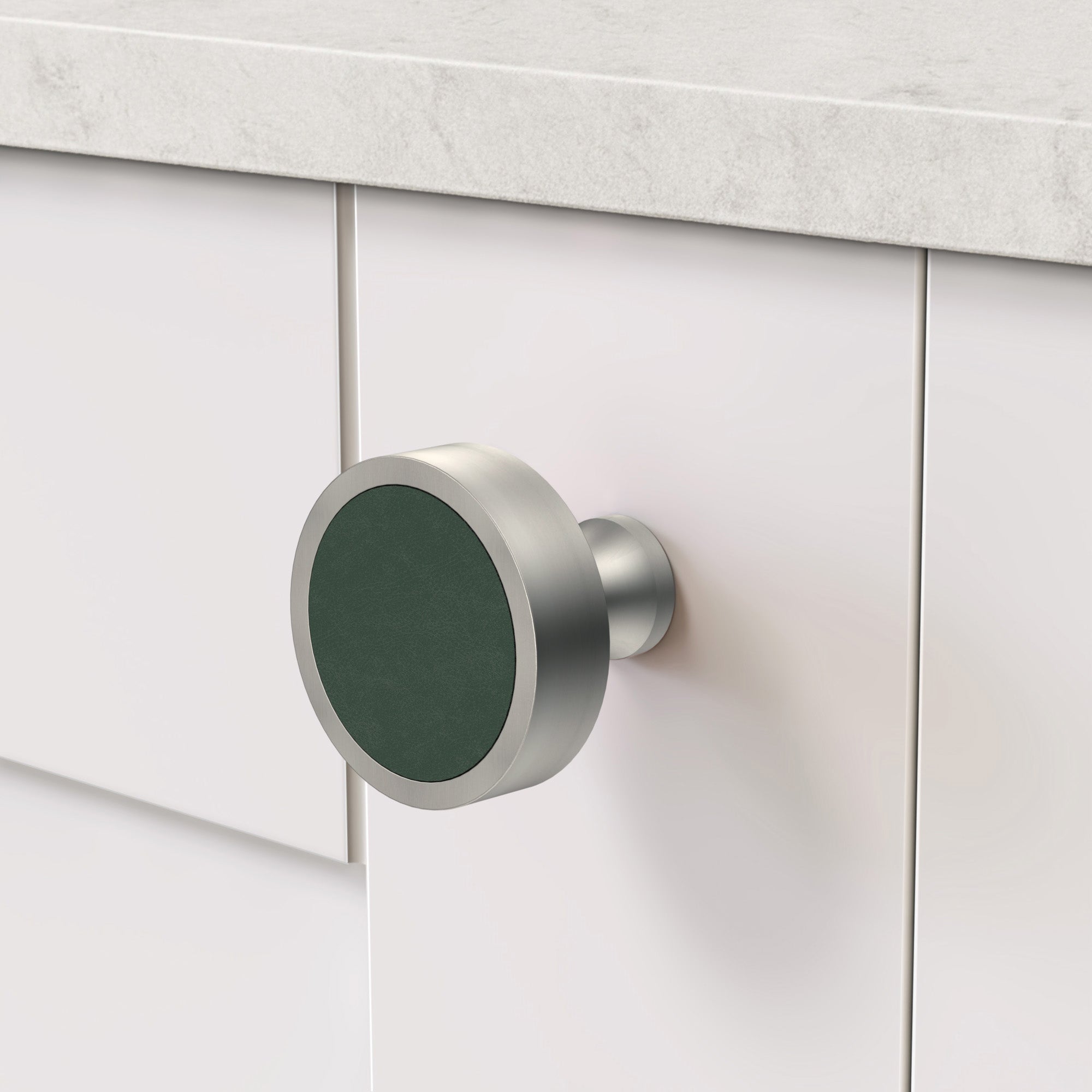 Brass & Green Leather Round Door Knobs in Silver