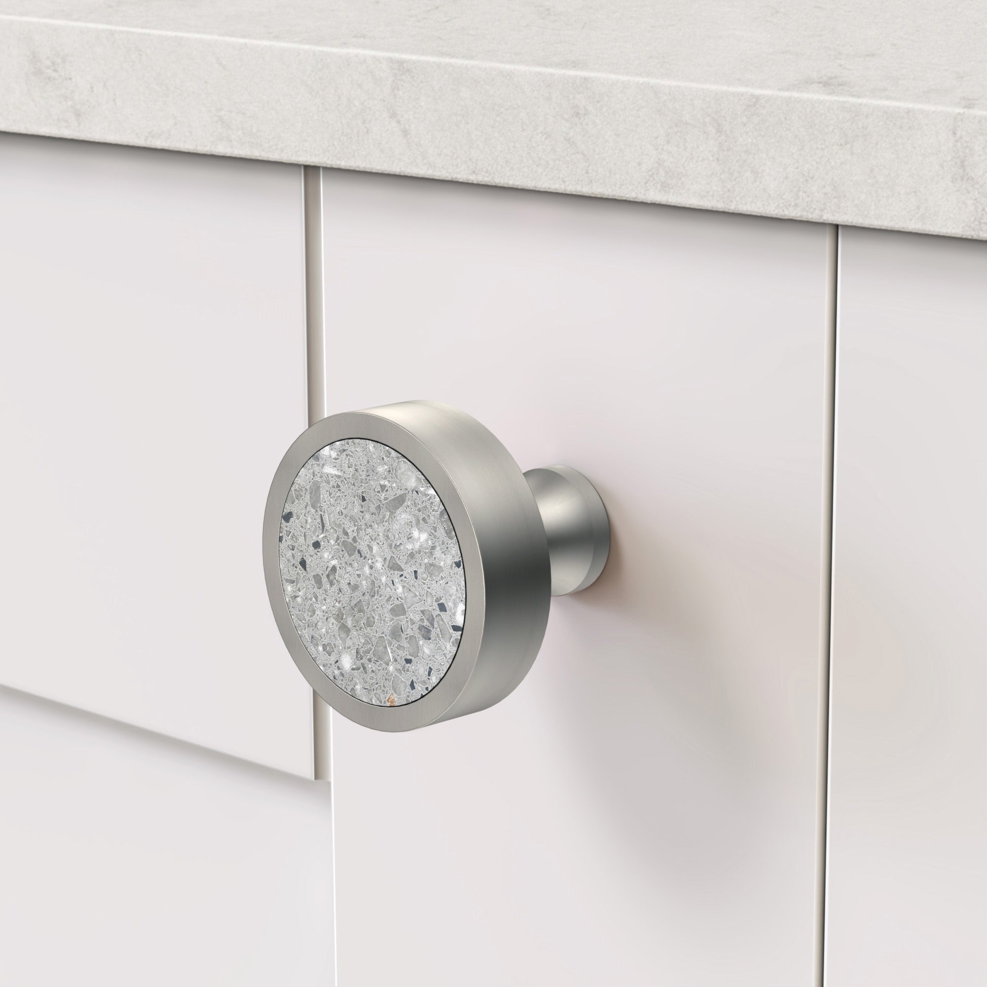 Brass & Grey Terrazzo Round Door Knobs in Silver