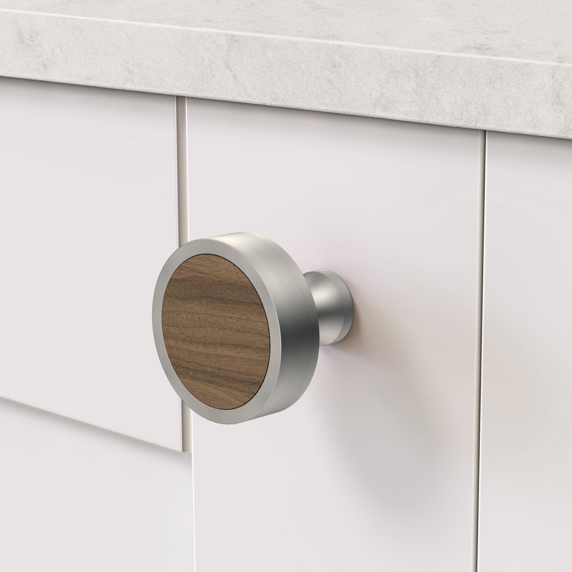 Brass & Walnut Wood Round Door Knobs in Silver