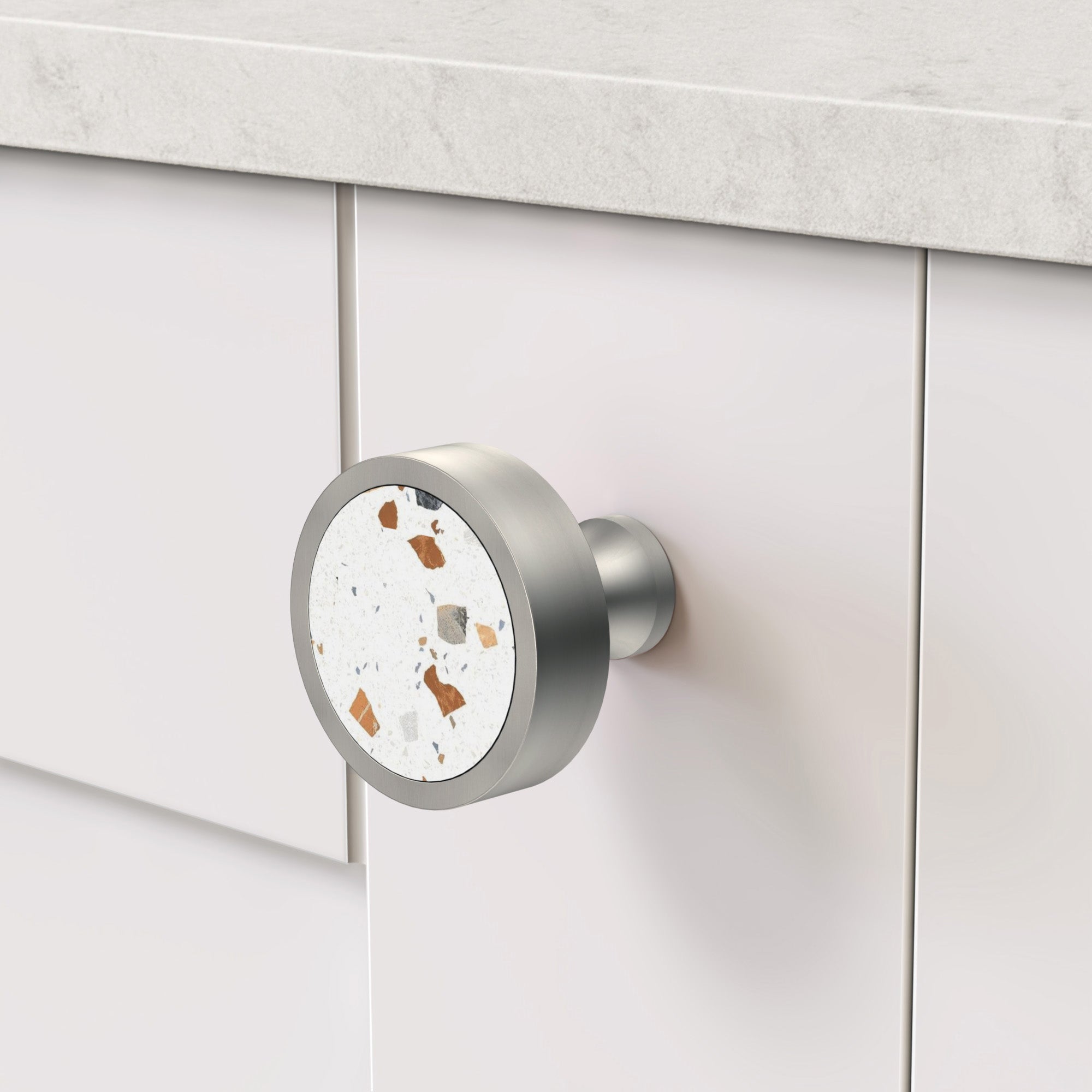 Brass & White Flek Terrazzo Round Door Knobs in Silver