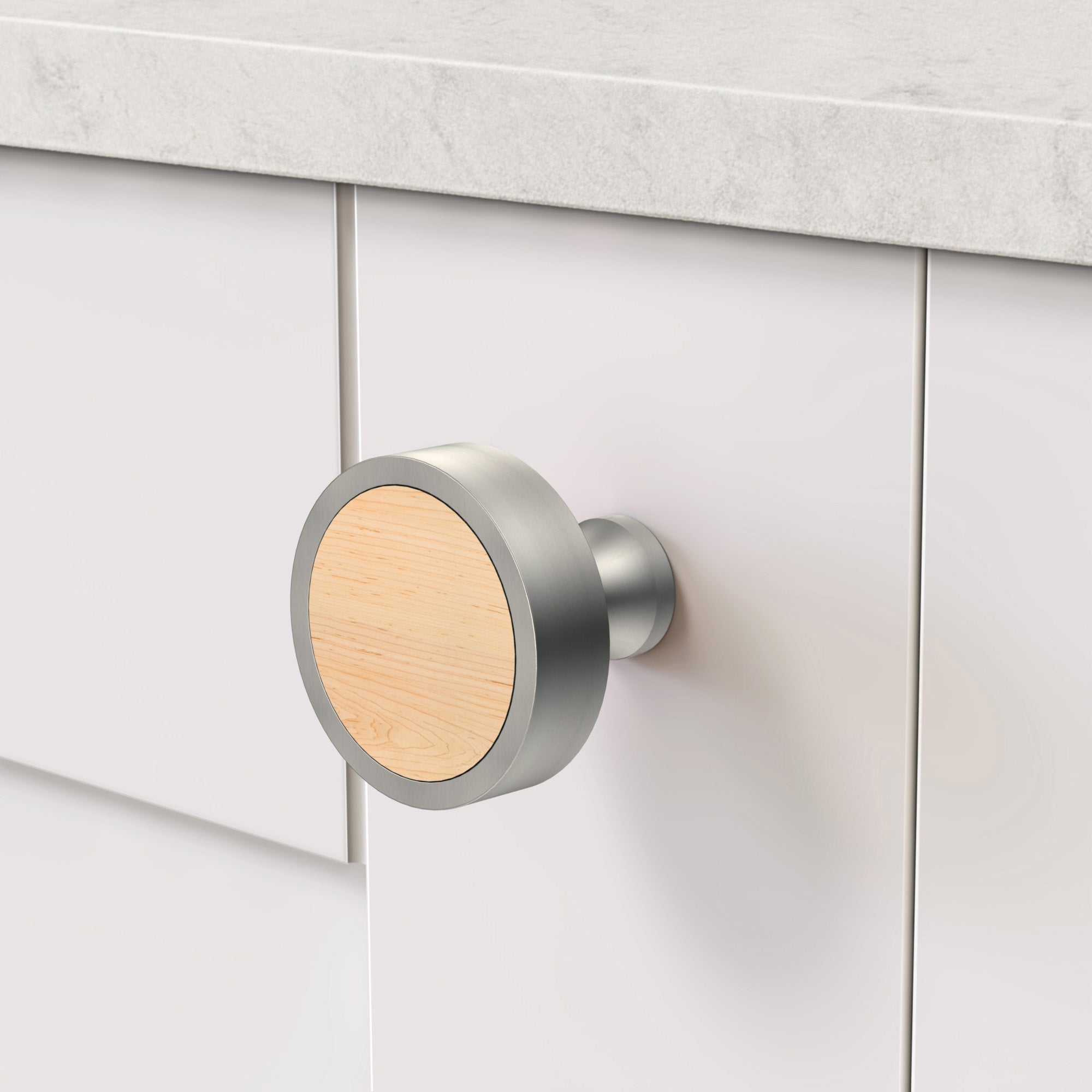 Brass & Maple Wood Round Door Knobs in Silver