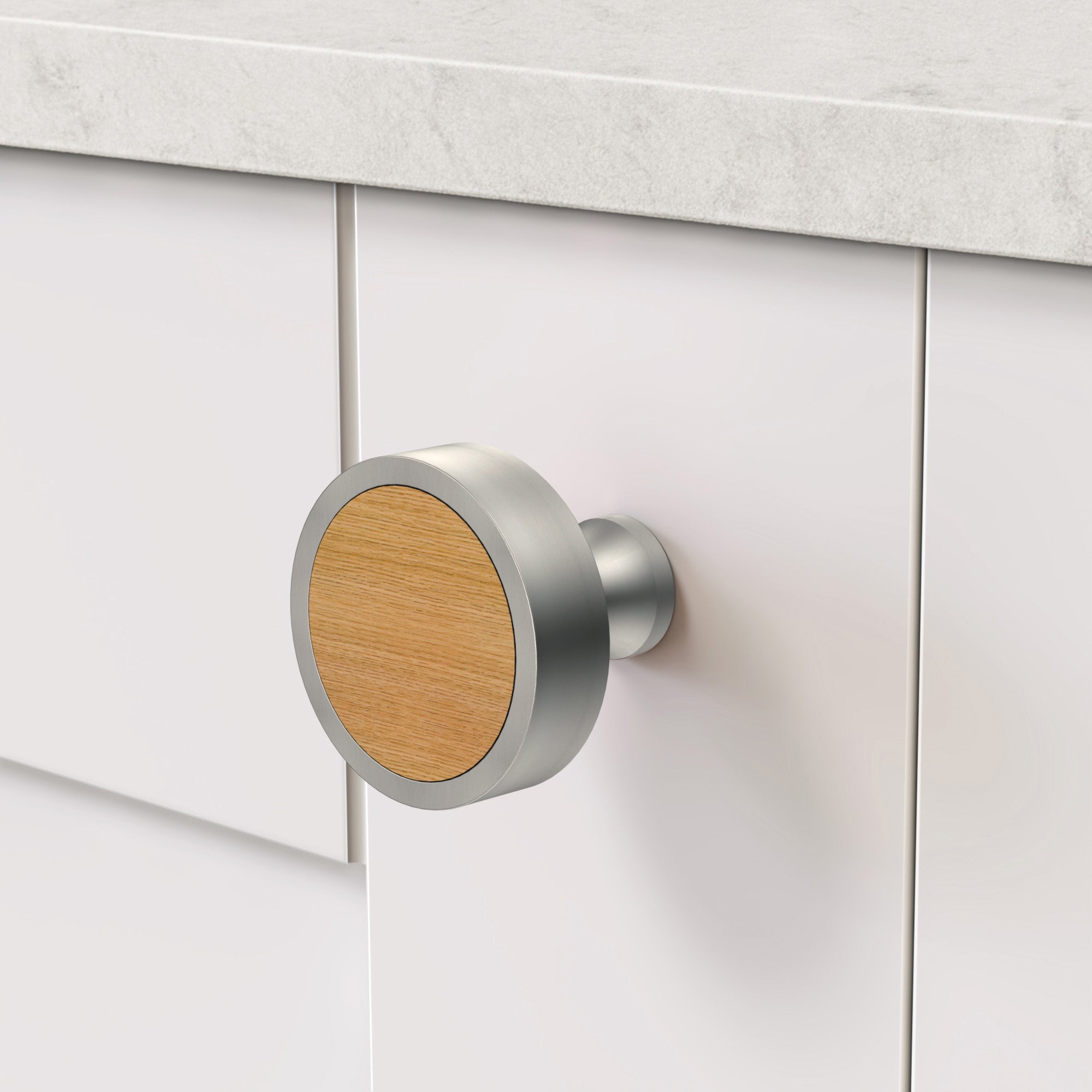 Brass & Oak Wood Round Door Knobs in Silver