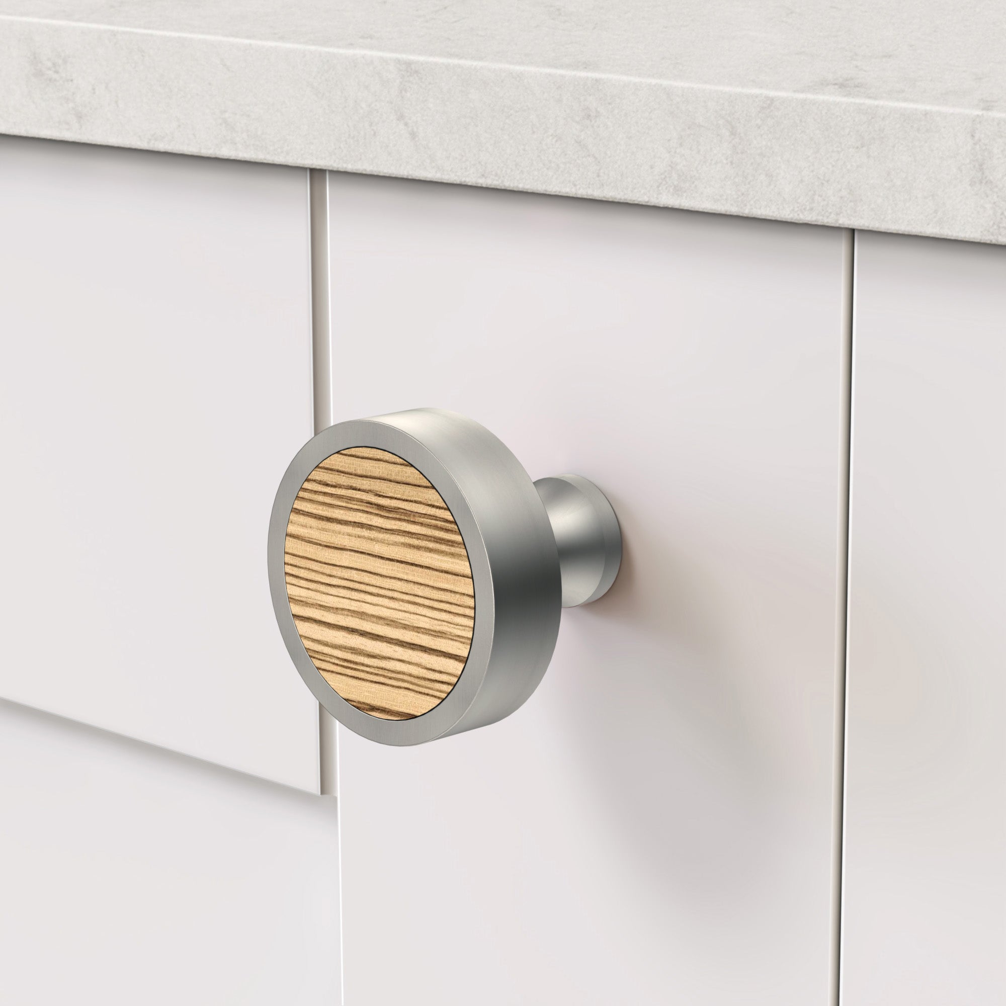 Brass & Zebrano Wood Round Door Knobs in Silver